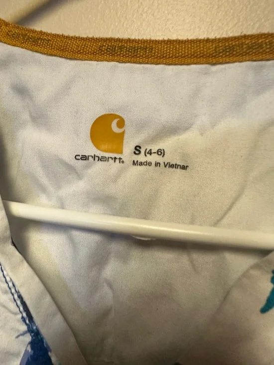 Carhartt White Scrub Top with Mustard Trim blue butterflys - Picture 2 of 3